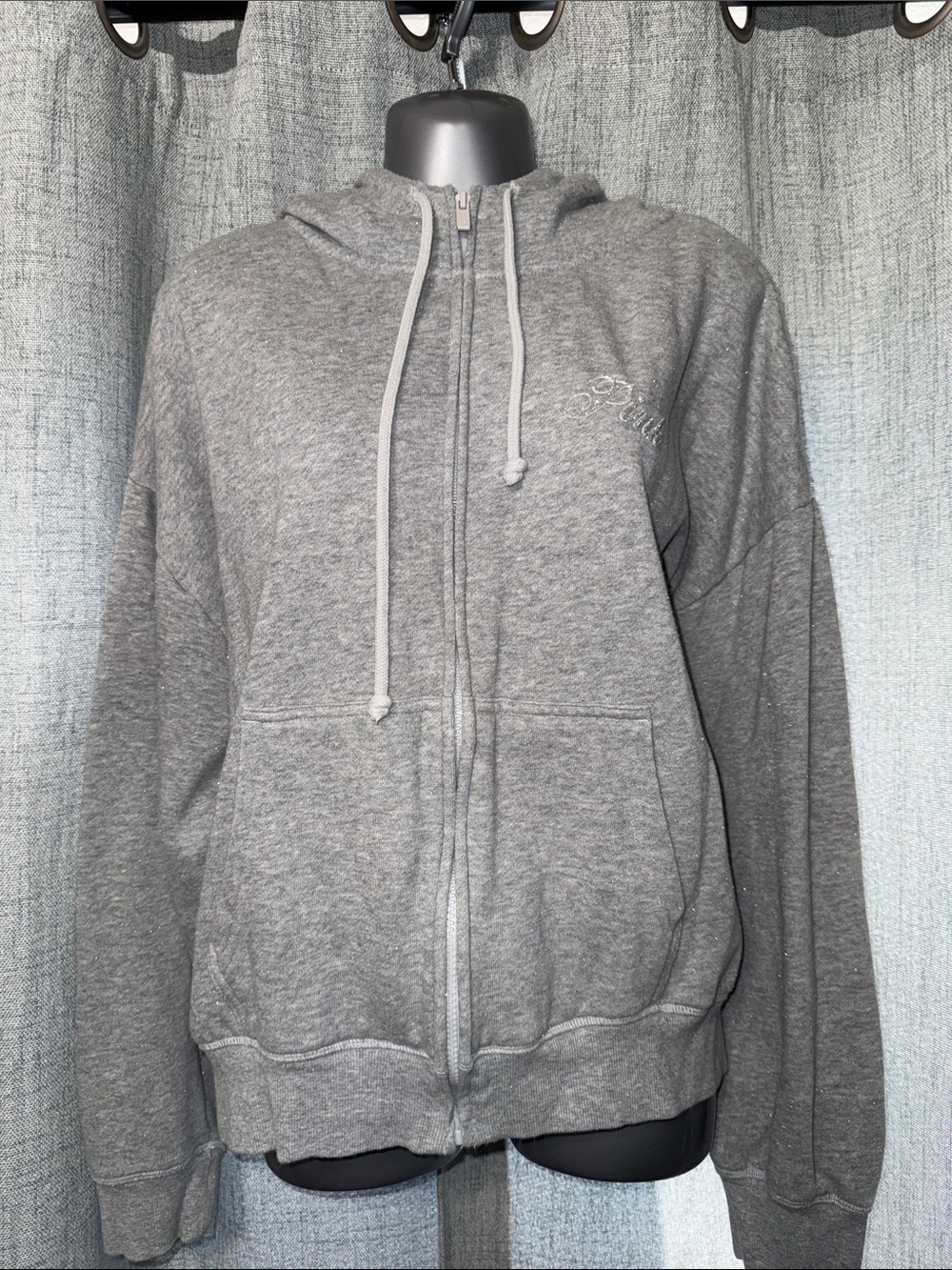 Pink Shiny Gray Full-Zip Hoodie Sweater